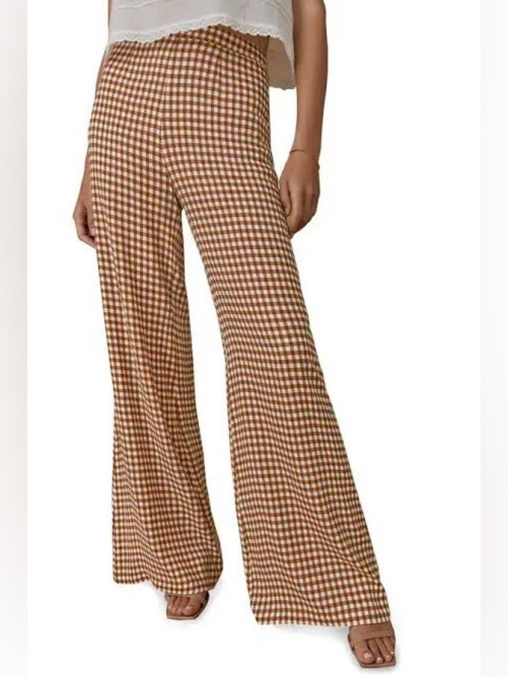 Reformation Brown and White Gingham Wide-Leg Pants